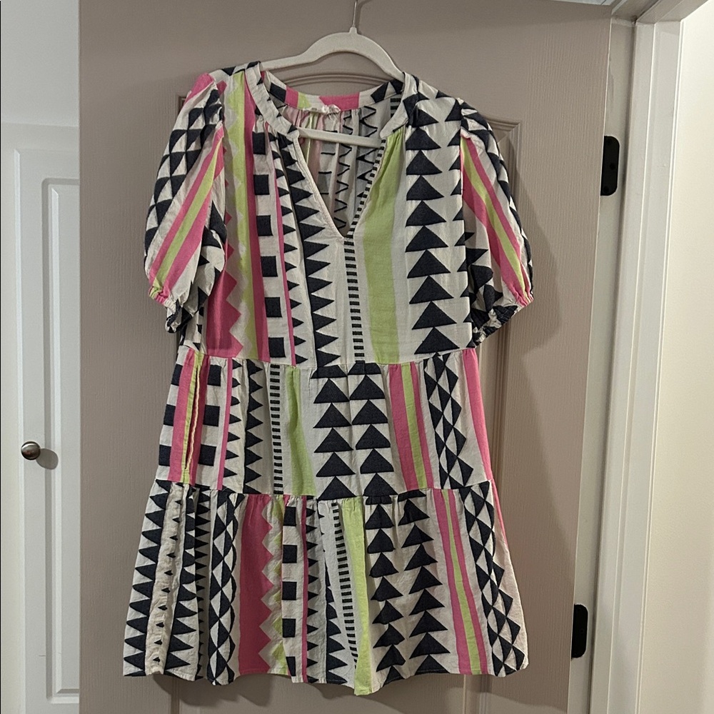 Velvet Geometric Stripe Tiered Dress - Pink, Lime & Navy